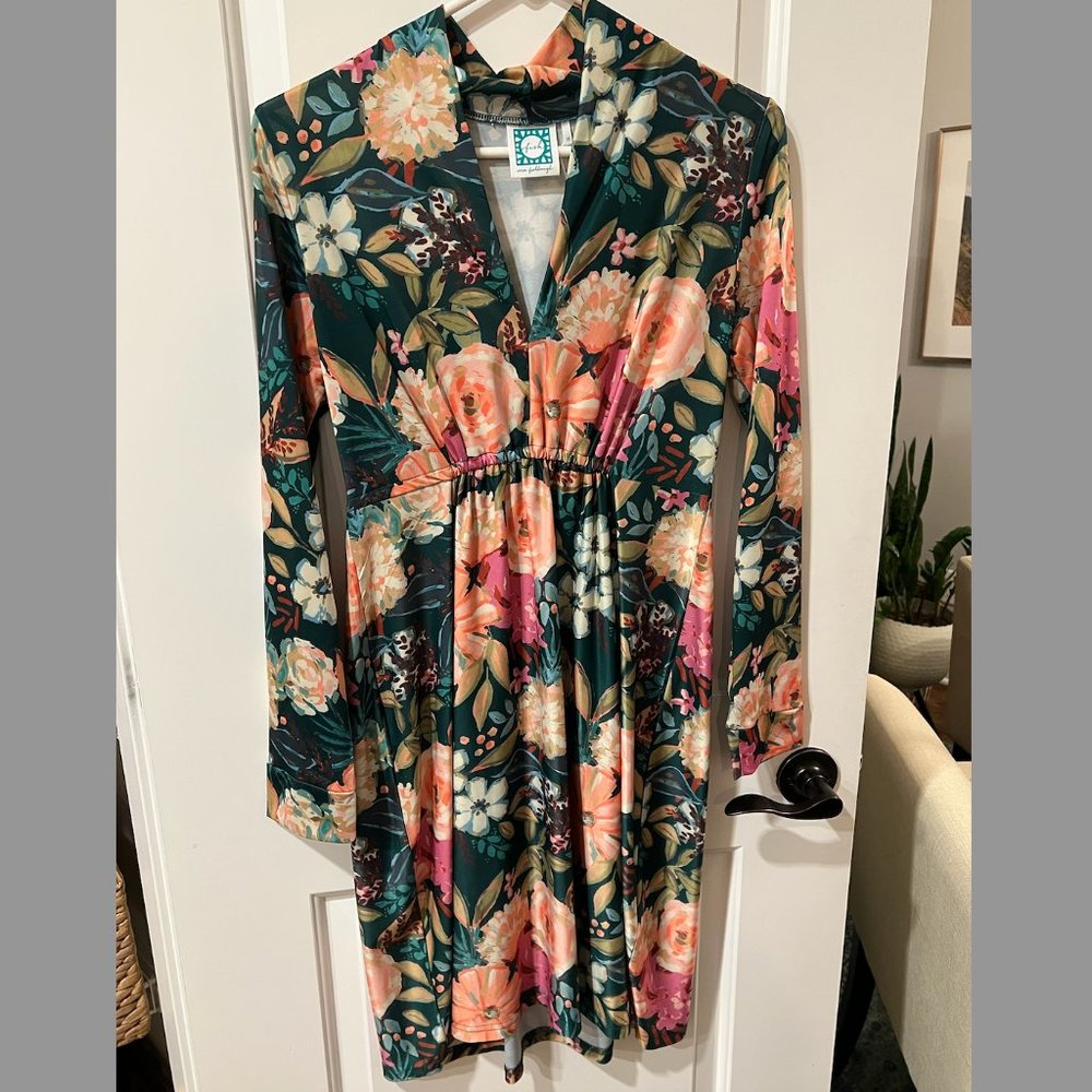 Vera Fishbaugh Midi 3/4 Length Sleeve Dress - Size M - Green and Pink Floral